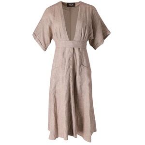 Reformation Geneva MIDI Dress V-Neck in beige linen. Sz 6